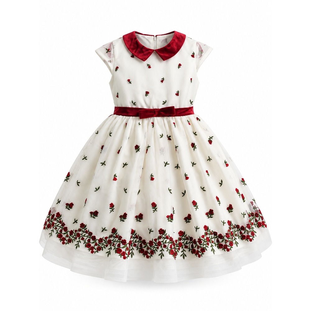 Girls Size 7 White Tulle Floral Rose Dress Red Velvet Bow Holiday Party Formal